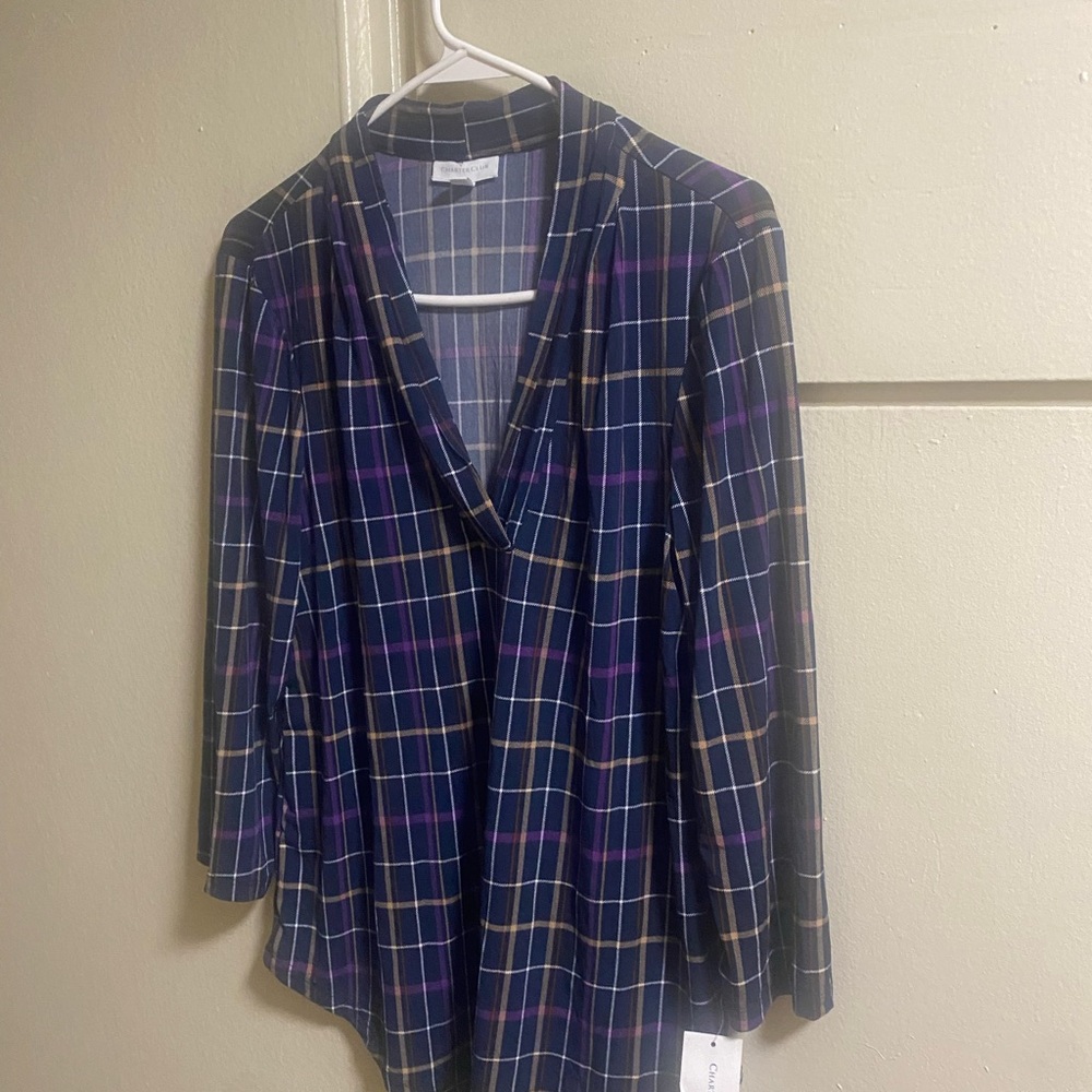 Charter Club Plaid V-Neck Blouse - Navy and Purple